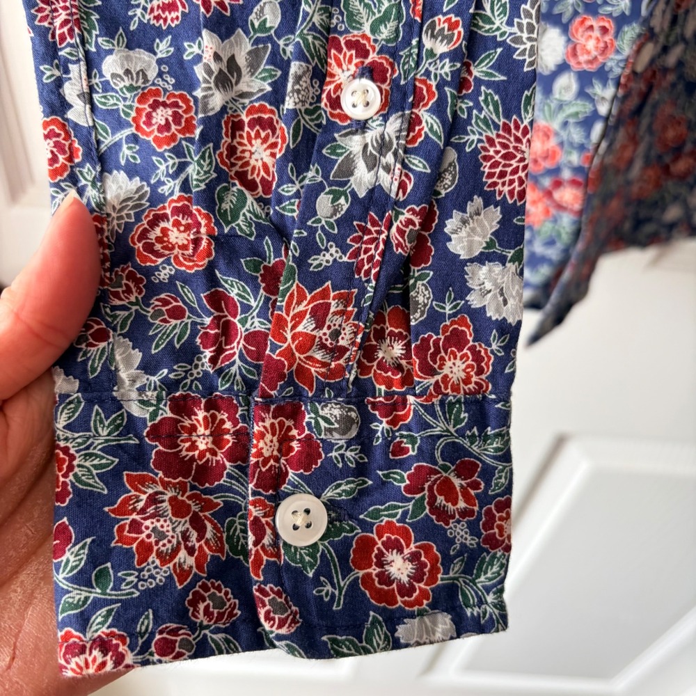 Express Slim Soft Wash Mens Medium Blue Red Floral Long Sleeve Button Down Shirt - Picture 3 of 6